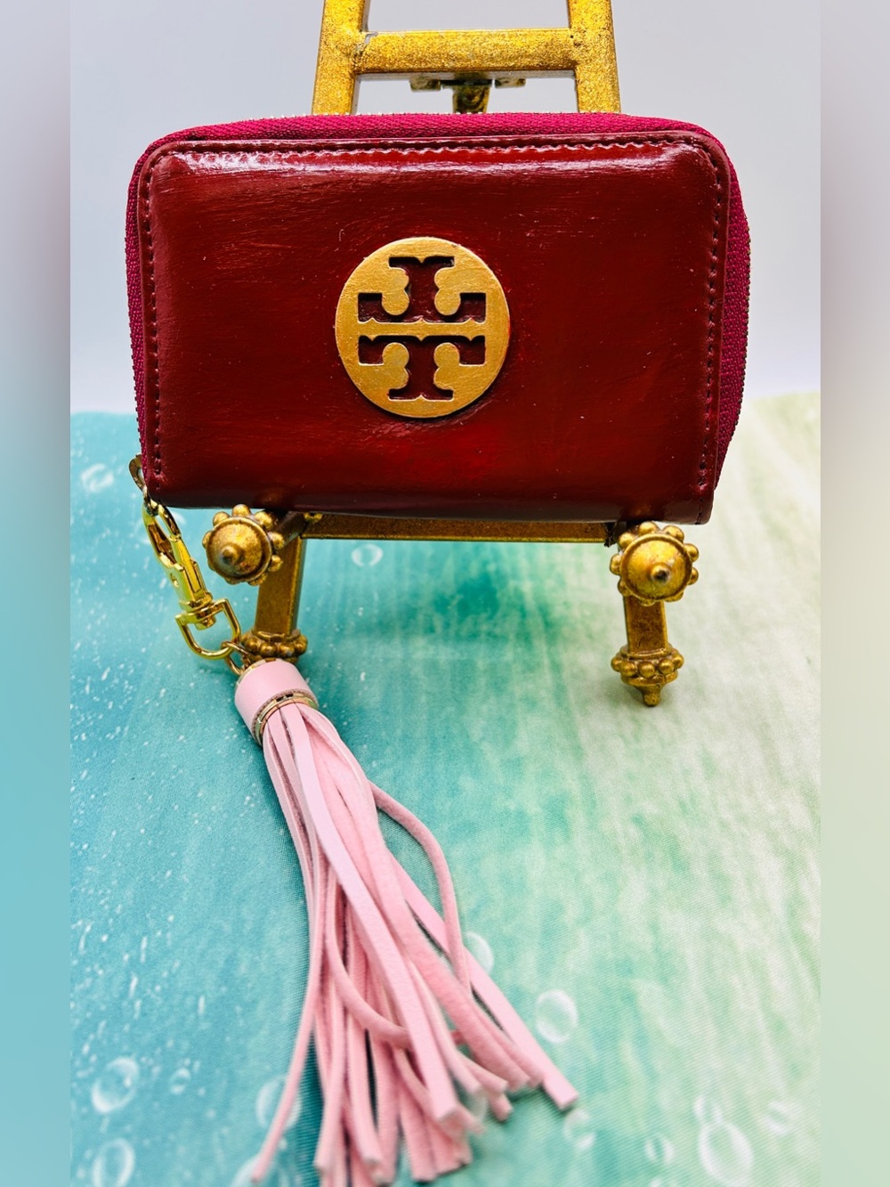Tory Burch Burgundy Leather Key & Coin Pouch with Pink Tassel Charm GC